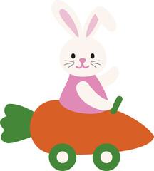 Cute easter bunny driving a carrot shaped car