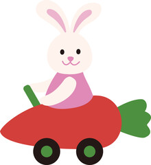 Cute easter bunny driving a carrot shaped car
