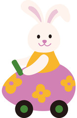 cute easter bunny driving an egg shaped car