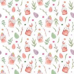 Watercolor seamless pattern of an easter cake with chocolate bunny, easter eggs, willow branches and leaves on transparent background