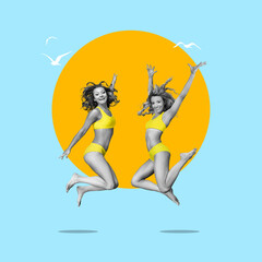 Two young girls enthusiastically jumps up and smiles at free isolated PNG background. beach, vacation concept.