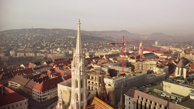 Budapest, Hungary - 4K aerial footage at sunrise of drone flying over the city