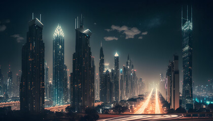 Light city of skyscrapers at night. Generative AI