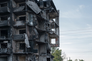 Fragment of a multi-story residential building, heavily damaged after shelling by the Russian army...