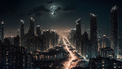 Light city of skyscrapers at night. Generative AI