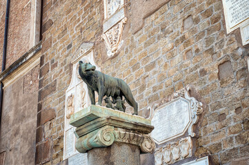 Long shot of the statue of capitoline wolf called La Lupa and the twins Remus and Romulus in Rome Italy