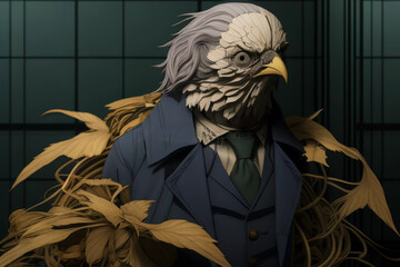 Vogel im Anzug umgeben von braunen Blättern und Blüten, Anime Style - Version 2