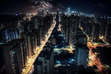 Light city of skyscrapers at night. Generative AI