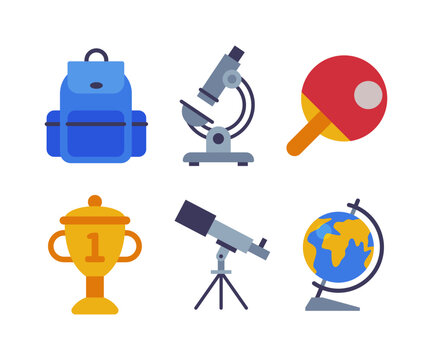 School Education Object with Backpack, Microscope, Cup, Telescope and Globe Vector Set