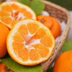 Fresh juicy clementine in wooden box. whole or half cut