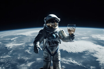 Astronaut with a glass of champagne in space with planet on background. Created with Generative AI