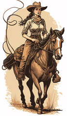 Fototapeta na wymiar ilustração vaqueira cavalgando 