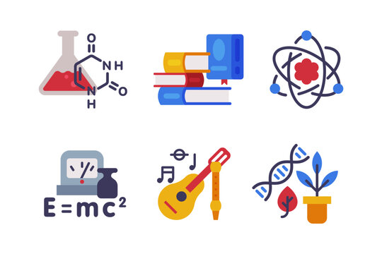 School Education Object with Molecule, Book, Physics Formula, Music and Biology DNA Vector Set