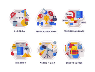 School Education Composition with Text Caption and Educational Objects Vector Set