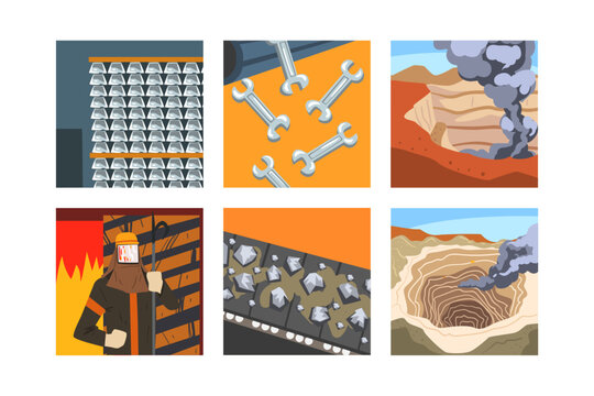 Metallurgical Industry and Metal Melting with Steel and Alloys Production Scene Vector Set