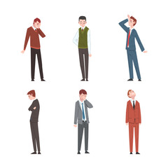 Sad and Frustrated Business Man Character or Unhappy Office Worker Standing with Hang Head Vector Set