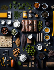 Fototapeta na wymiar Icelandic food for cooking with various spices and condiments, food and props. A beautiful Knolling layout, with natural materials and bright colors.Generative AI.