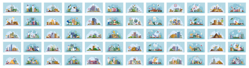 Waste and recycle set. Contains concepts trash, plastic, paper, bottle, can dumpster, factory, truck, food, garbage, glass pollution. Metaphor waste pollution. Different types of garbage and waste