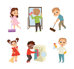 Little Big-eyed Boy and Girl Engaged in Domestic Chores Vector Set