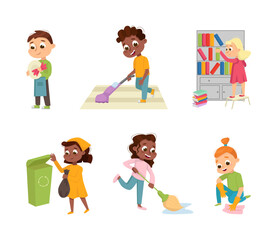 Little Big-eyed Boy and Girl Engaged in Domestic Chores Vector Set