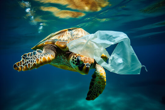 Turtle trapped in plastic garbage floating in the North Pacific, underwater photography. The concept of an ecological disaster caused by plastic garbage. generative ai