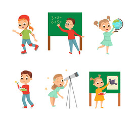 Cute Children in Class Studying and Learning School Subject Vector Set