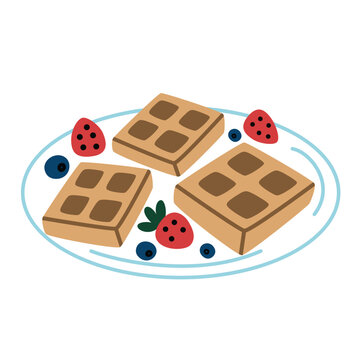 recommend clip art: Brussels waffles with berries, waffle icon, vector doodle illustration of plate with dessert for breakfast, picnic, sweet pastry product, isolated colored clipart on white background, restaurant menu