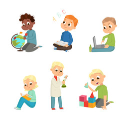 Cute Children in Class Studying and Learning School Subject Vector Set
