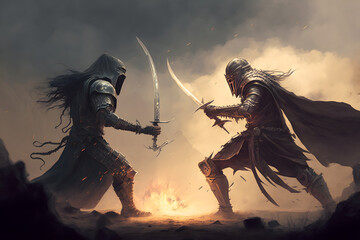 Battle of two legendary warriors. Generative AI - obrazy, fototapety, plakaty