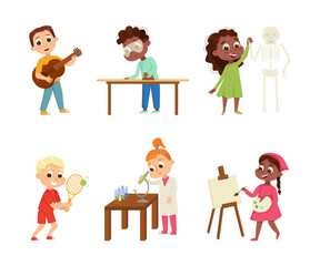 Cute Children in Class Studying and Learning School Subject Vector Set