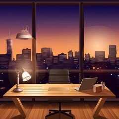Design of modern office designer workplace. Creative office workspace with big window, desktop, modern monitor, furniture in interior created with Generative AI technology.