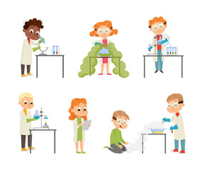 Funny Boy and Girl in Laboratory Coat Making Research with Chemicals in Glass Flask Vector Illustration Set