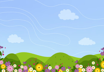 Floral hills background. Flowers meadow and green mountains view. Vector illustration