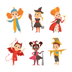 Funny Boy and Girl Dressed in Halloween Costume Vector Illustration Set