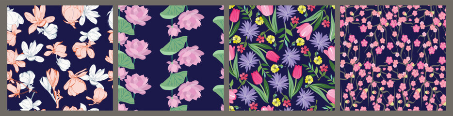 Collection of spring flowers on dark blue background.