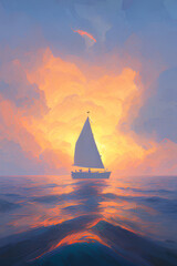 A Tiny Yacht Sailing In The Ocean Plenty Clouds In The Sky Above created with generative ai technology