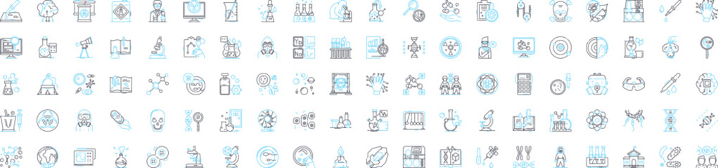 Bioengennering vector line icons set. bioengineering, genetics, biopharmaceuticals, biotransformation, proteomics, nanotechnology, tissue engineering illustration outline concept symbols and signs