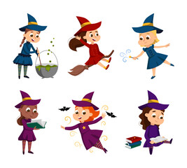 Happy Girl Witch in Dress and Pointed Hat Casting Spell Practising Witchcraft and Doing Magic Vector Set