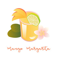 Mango margarita cocktail. Alcoholic tropical drink with mango slices. Vector illustration.