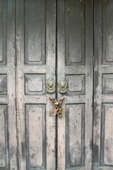 The old black wooden door with antique handle is closed with padlock and rusty old chain