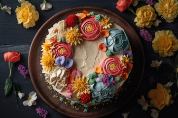Naklejka premium Cake with butter cream flowers, view from above. Generative AI
