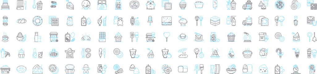 Cake and sweets vector line icons set. Cake, Sweets, Pastry, Dessert, Doughnut, Cupcake, Tart illustration outline concept symbols and signs