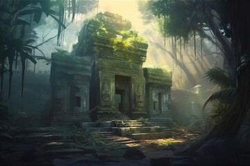 An ancient ruins of a temple located in the middle of the jungle, with vines and overgrowth AI Generative
