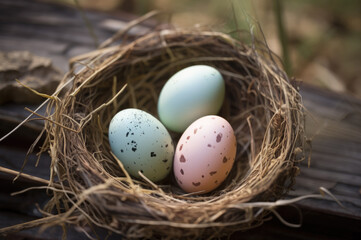 Naklejka na ściany i meble Pastel colored and speckled easter eggs in a nest made of straw. Generative AI