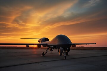 Naklejka na ściany i meble Unmanned combat air vehicle, war concept, surveillance concept, war drone at sunset. Generative AI Technology