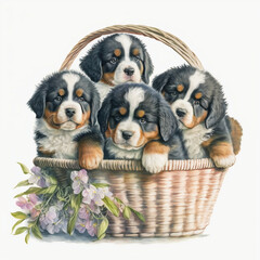 Basket of Bernese Mountain Dog Puppies with Flowers on a white background