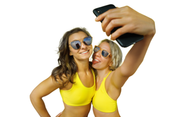two girlfriends girls make selfie on the phone on isolated PNG Background