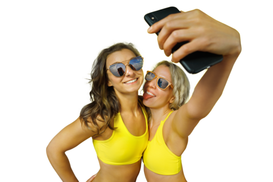 two girlfriends girls make selfie on the phone on isolated PNG Background
