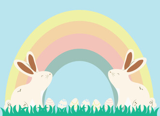 Easter, festive rabbit, rainbow, the joy of Easter. The background is pastel colors. Easter vector illustration.