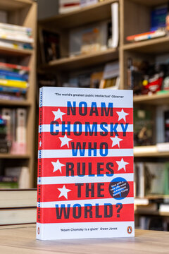 Close up Noam Chomsky's Who Rules the World book in the bookshop.